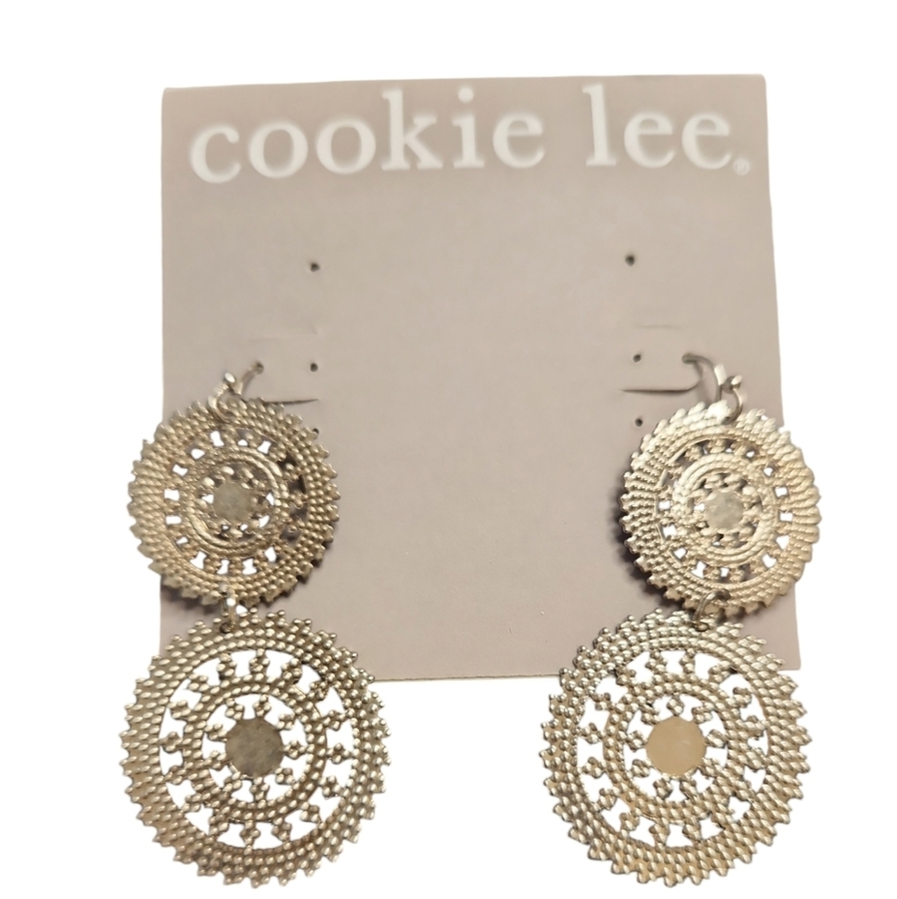 NWT Cookie Lee Women's Silver Wheel Circle Double Disc Cut-out Drop Earrings